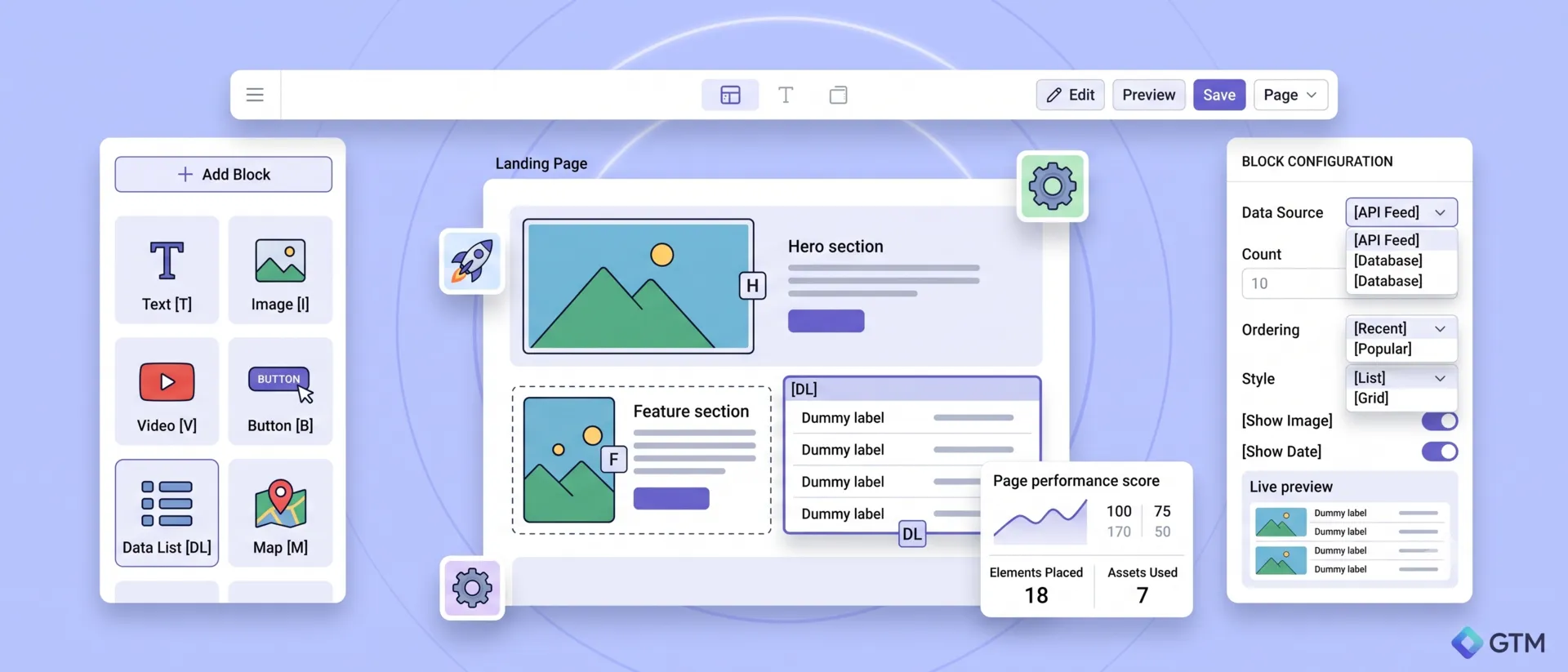 Visual layout demonstrating visual site editor asset blocks and intuitive data updating panels