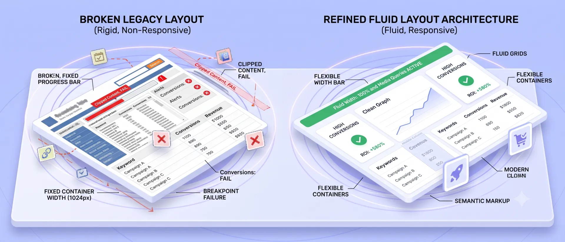 Side by side view of broken legacy layout versus refined fluid layout layout architecture